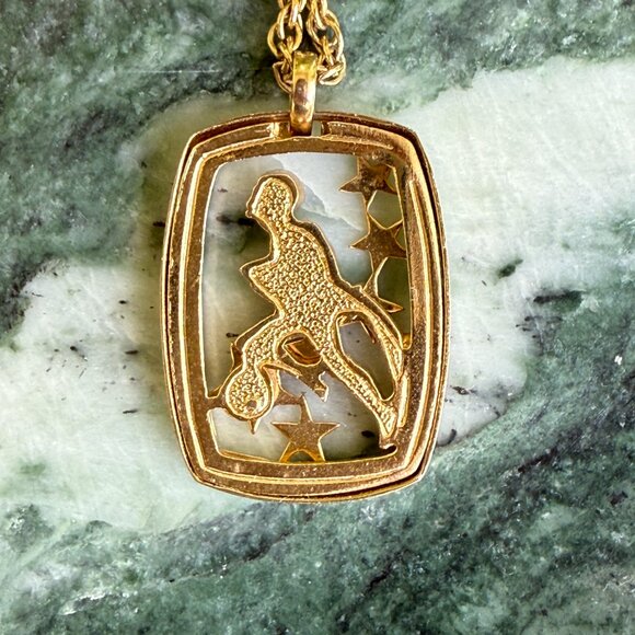 Vintage Pierre Cardin Zodiac Aquarius Pendant Necklace, Gold tone w/ Diamond - Picture 2 of 8